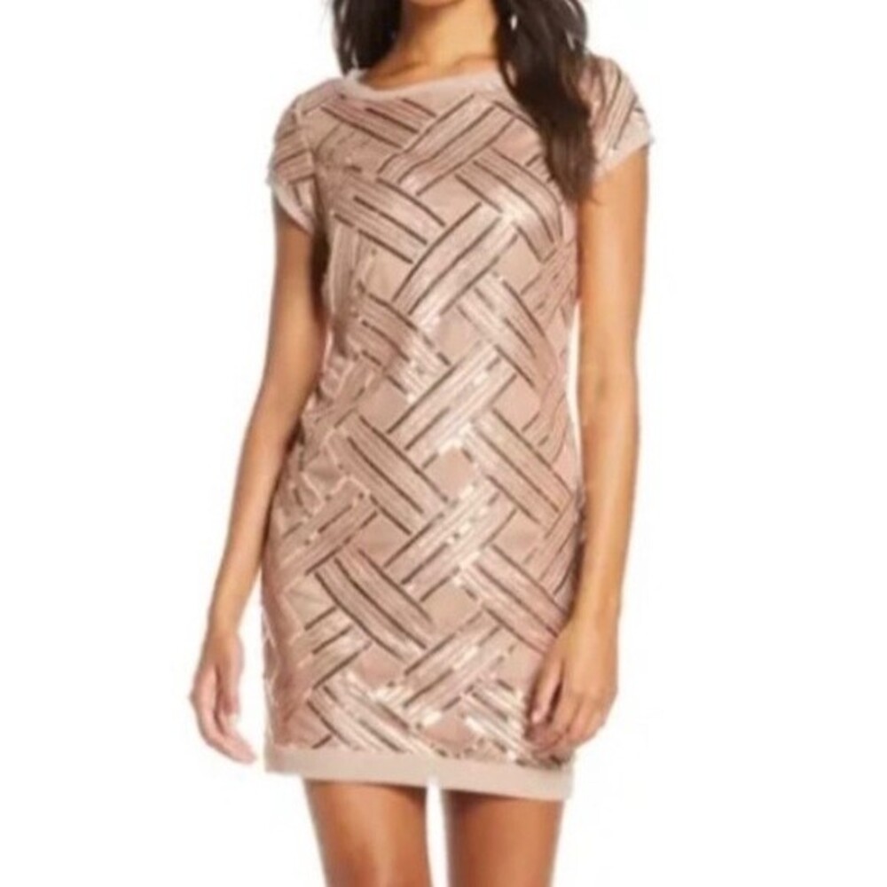 Eliza J Lattice Pattern Sequin Sheath Dress Rose Gold Taupe Women’s Size 6